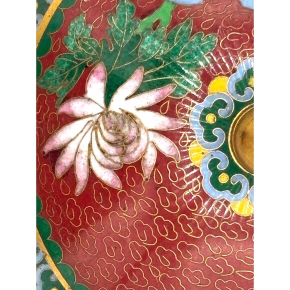 Vintage Chinese Cloisonné Enamel on Bronze Lidded Bowl Trinket Dish Floral Teal - Picture 10 of 16